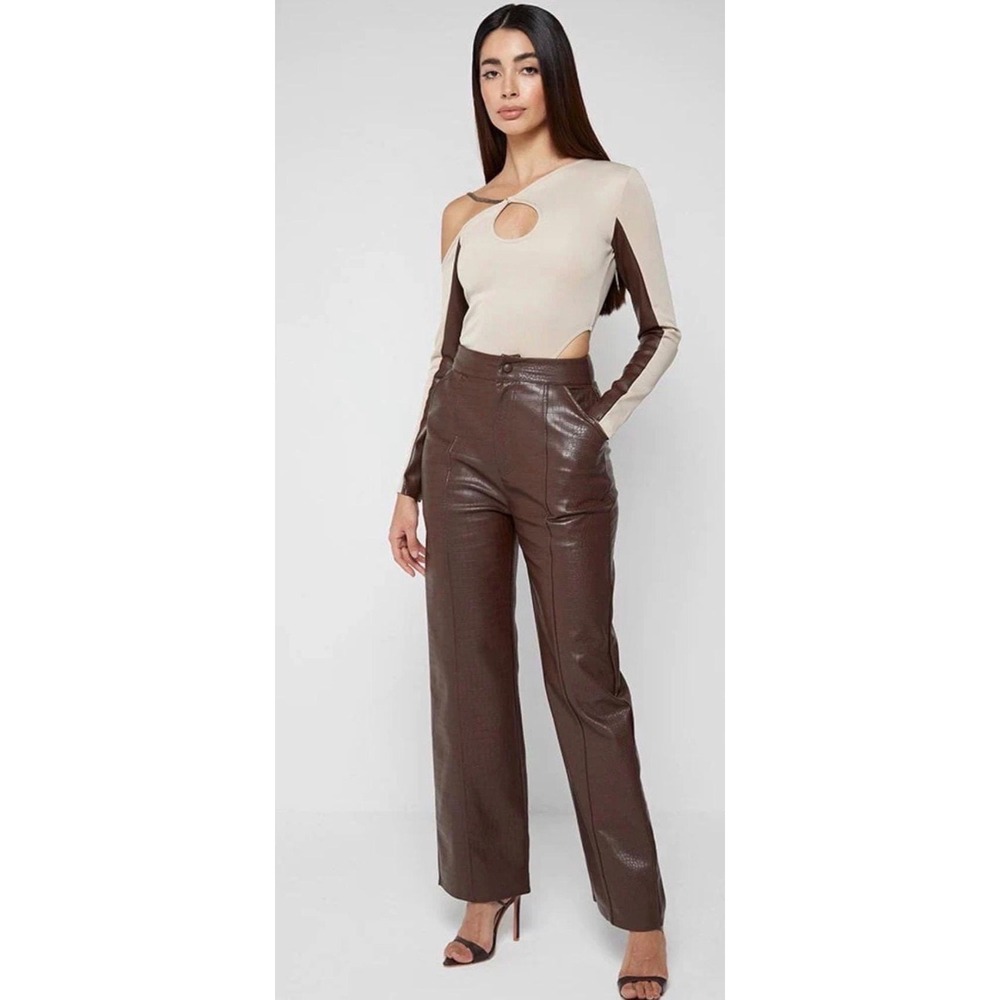 Maniere De Voir Brown Croc Vegan Leather Heart Pocket Trousers Size 12